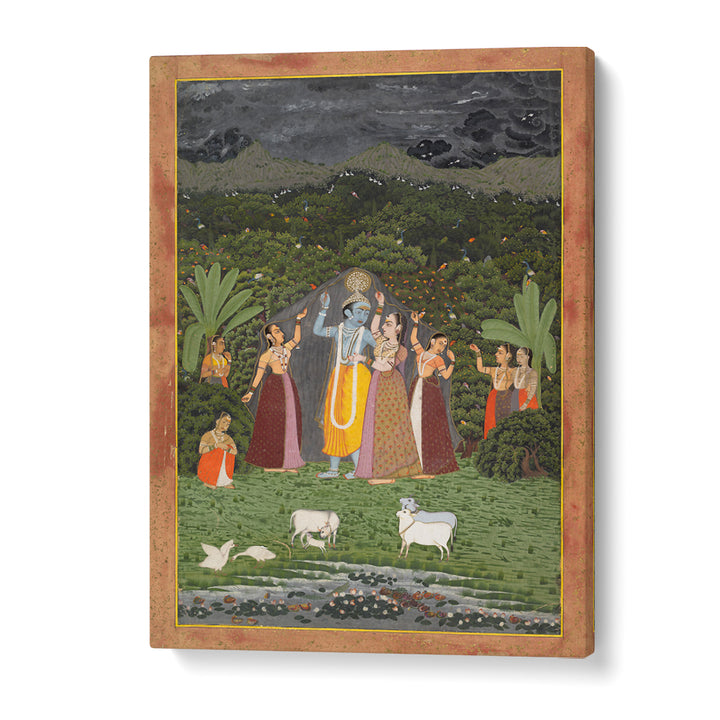 KRISHNA AND THE GOPIS TAKE SHELTER FROM THE RAIN , INDIAN ART PAINTINGS
