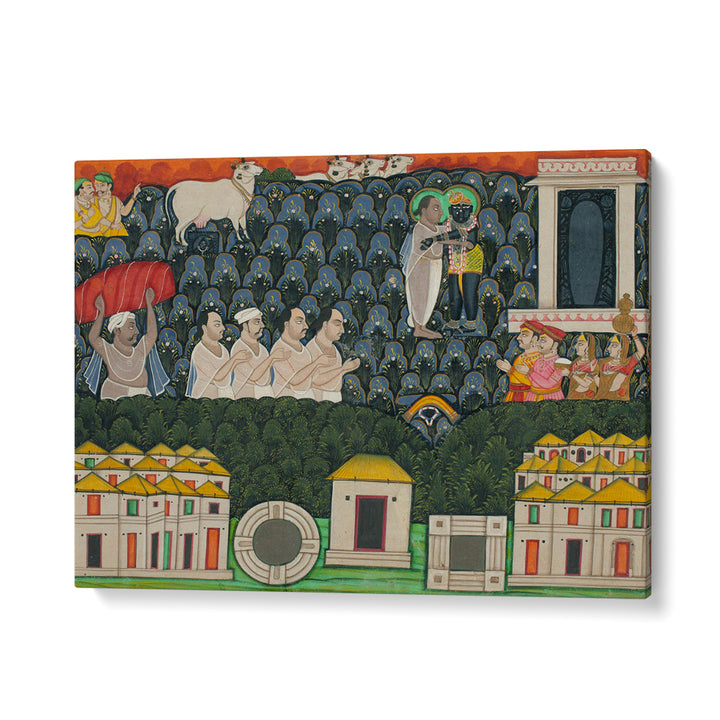 PRATHAM MILAN SHRINATHJI REVEALING HIMSELF TO VALABHACHARYA ON MOUNT GOVARDHAN  SACRED ENCOUNTER ON MOUNT GOVARDHAN , INDIAN ART PAINTINGS