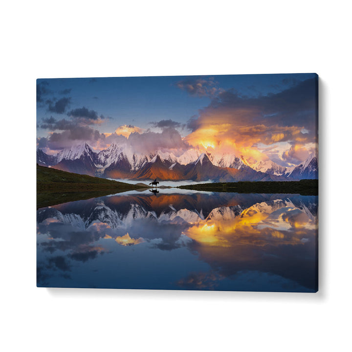 Breathtaking sunset over serene reflections, showcasing MOUNTAINS IN SICHUAN, PHOTOGRAPHY PRINTS for stunning decor.