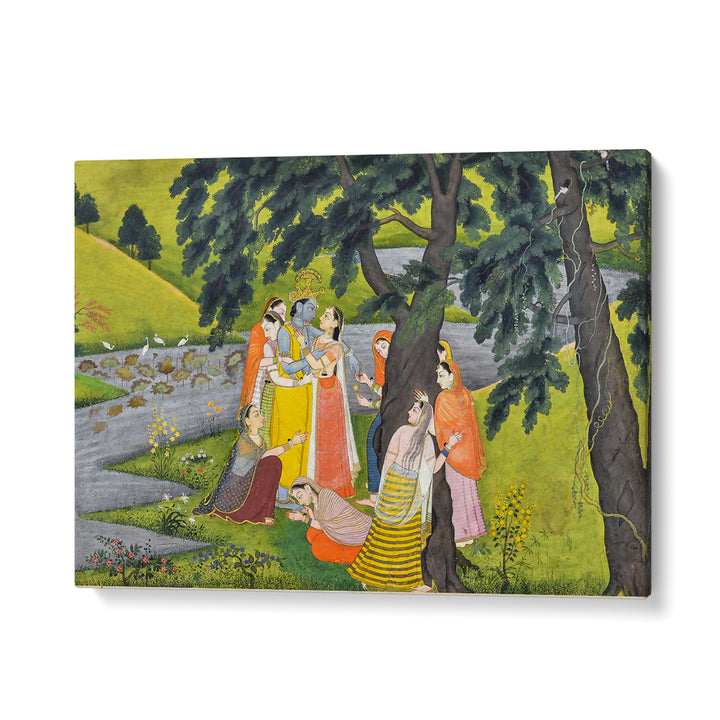 KRISHNA AND THE GOPIS ON THE BANK OF THE YAMUNA RIVER , INDIAN ART PAINTINGS