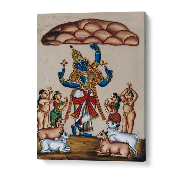 KRISHNA LIFTING MOUNT GOVARDHAN , INDIAN ART PAINTINGS