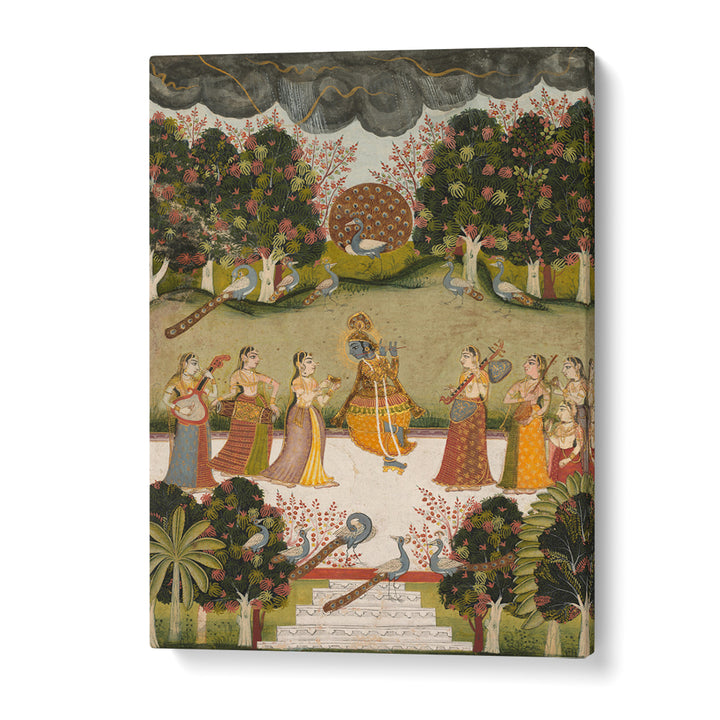 KRISHNA PLAYING THE FLUTE TO SEVEN GOPIS HOLDING MUSICAL INSTRUMENTS , INDIAN ART PAINTINGS