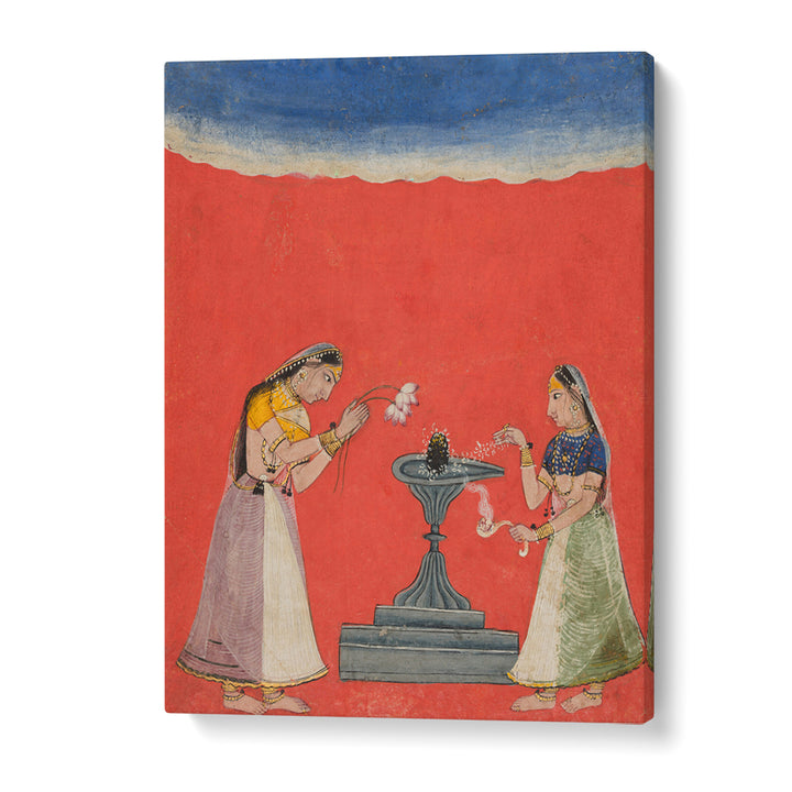 WOMEN WORSHIPPING A SHIVA LINGA , INDIAN ART PAINTINGS