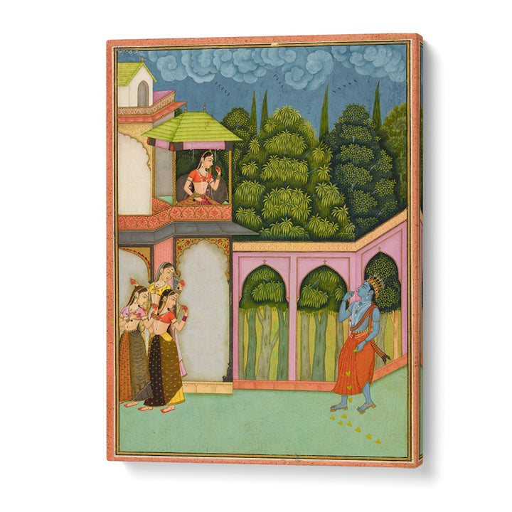 KRISHNA APPROACHES RADHA , INDIAN ART PAINTINGS