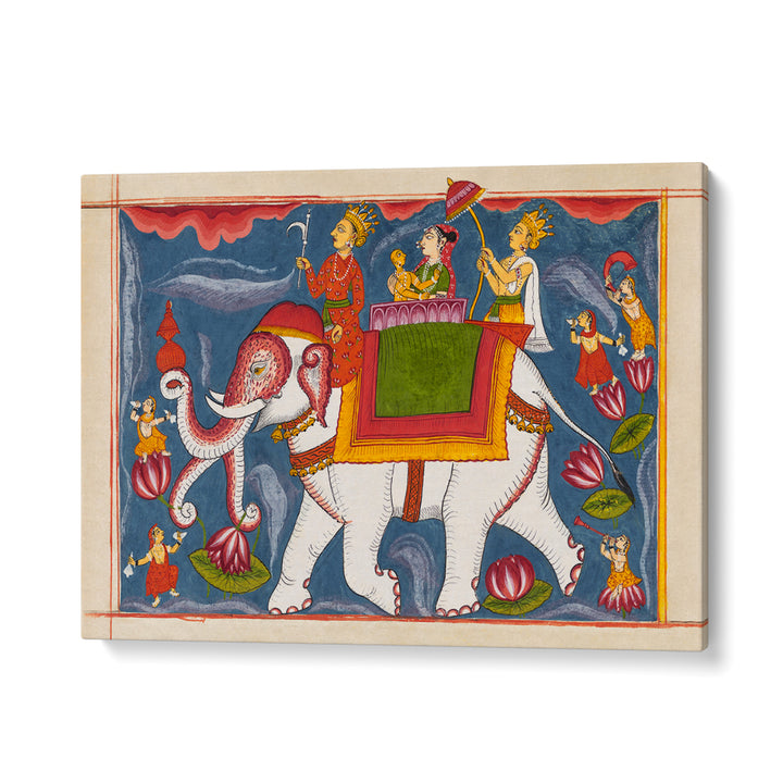 INDRA CONVEYING JINA RISHABHANATHA ON AIRAVATA , INDIAN ART PAINTINGS