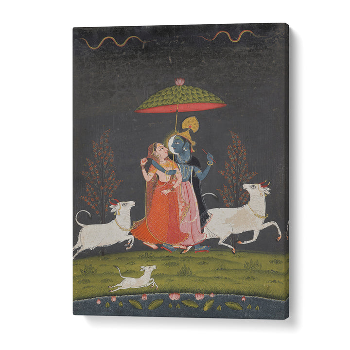 RADHA AND KRISHNA IN THE RAIN , INDIAN ART PAINTINGS