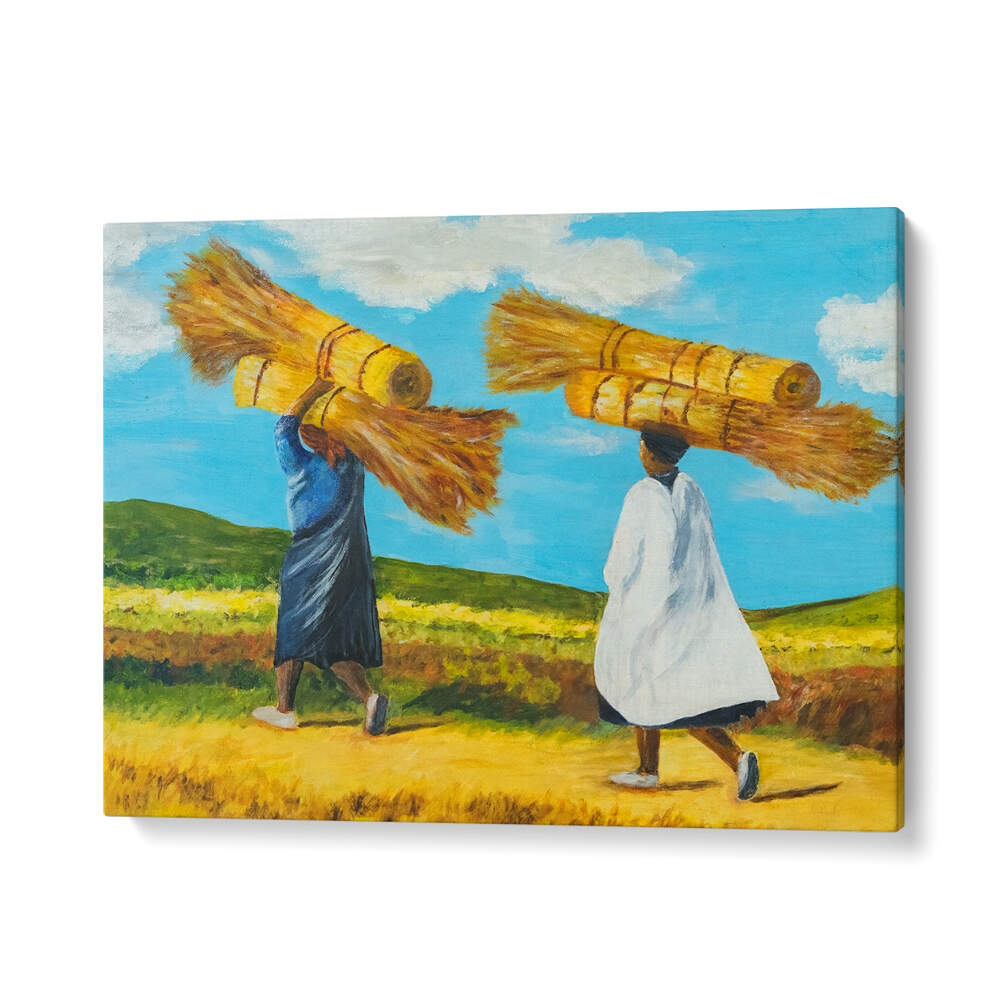 Two figures carrying bundles of wheat embodying BALANCE, INDIAN ART PAINTINGS, showcasing rich cultural heritage.