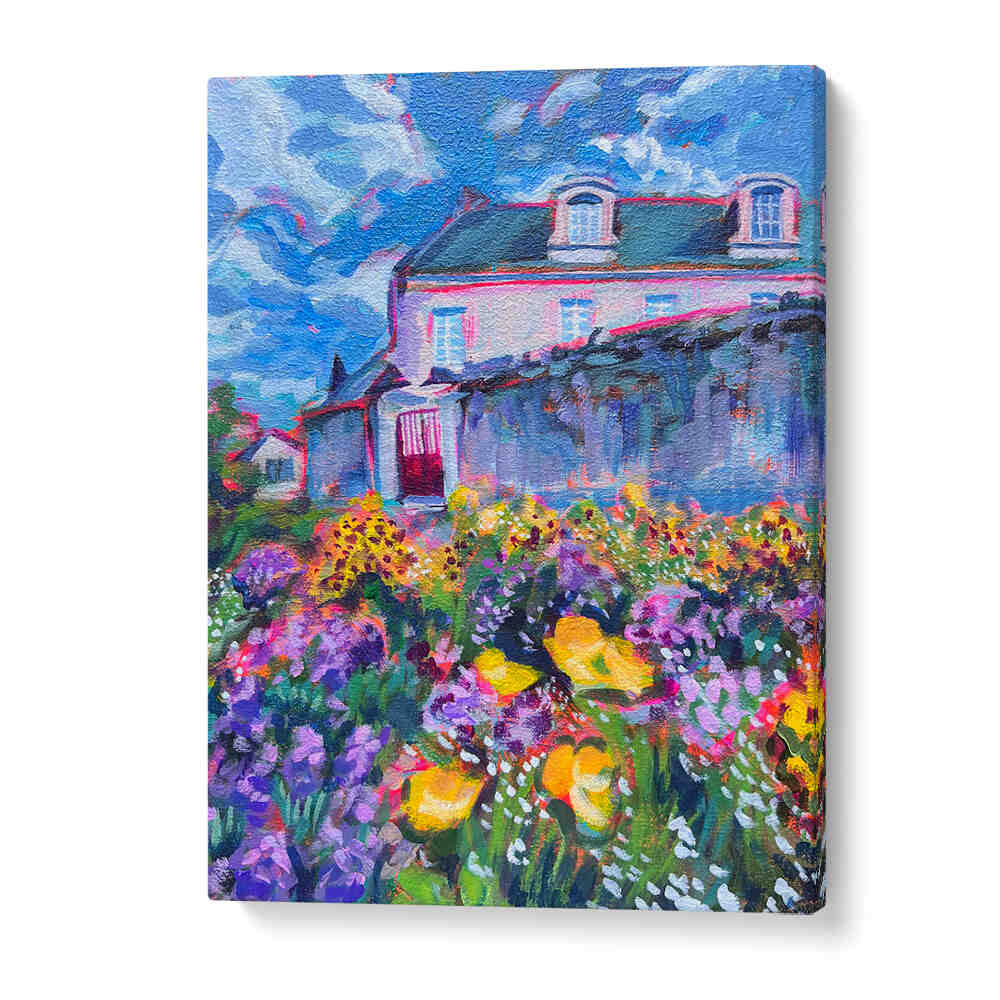 FLEURS , LANDSCAPE PAINTINGS by GalleryWrap: vibrant cottage with colorful flower garden beneath a bright blue sky