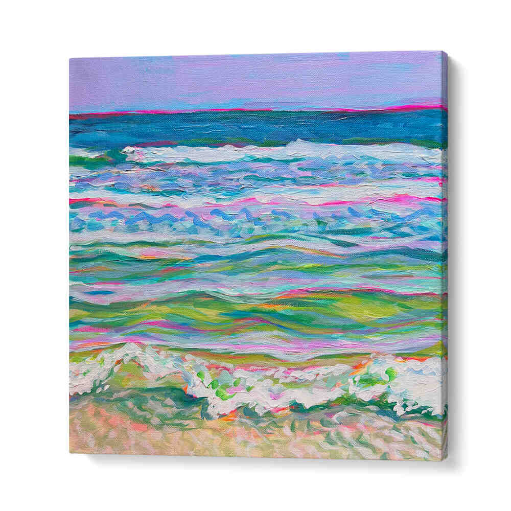 PINK SEAS , BEACH PAINTINGS canvas with pastel pink, coral and turquoise waves on a textured gallery-wrap shoreline scene