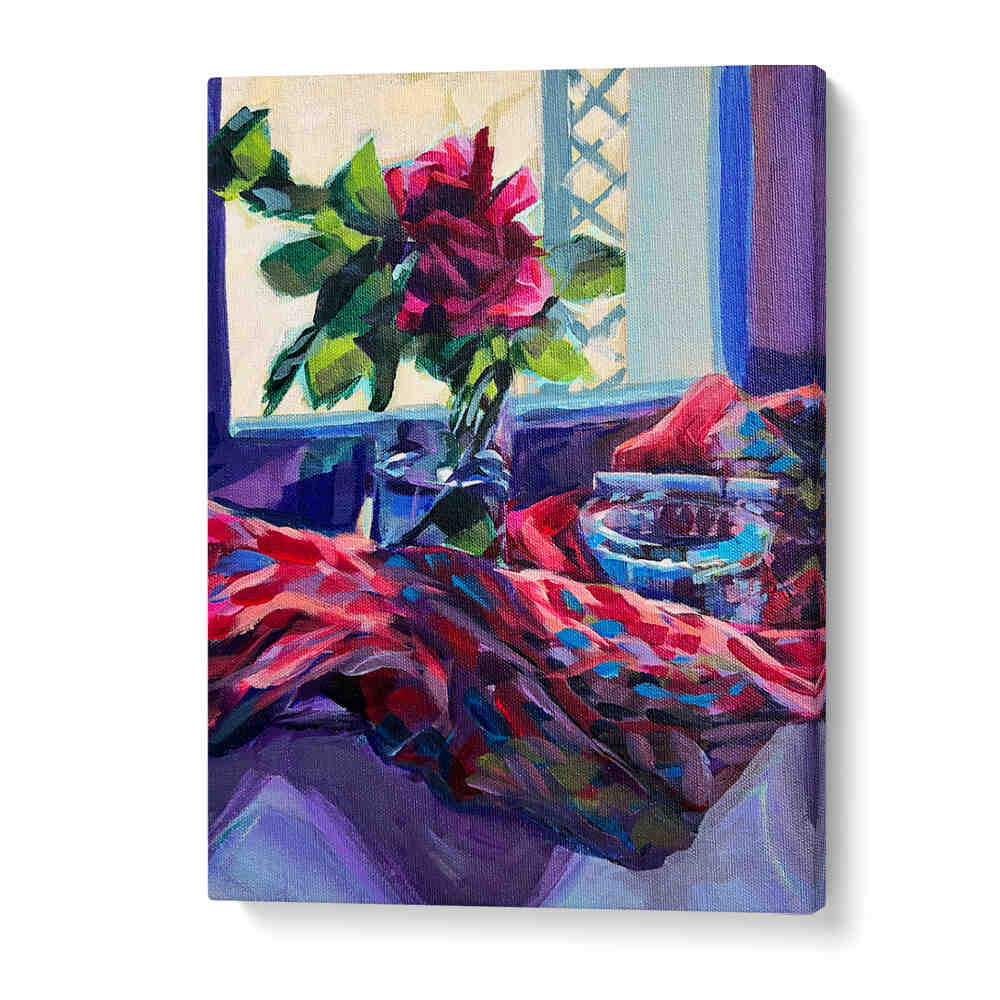 GalleryWrap ROSE FRANÇAISE , FLORAL FLOWER PAINTINGS vibrant rose arrangement with colorful draped fabric on a windowsill
