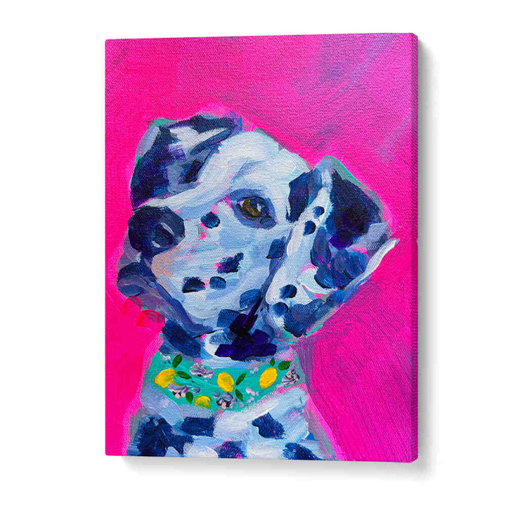 DALMATION , FASHION POSTERS bright pink canvas with stylized Dalmatian portrait wearing lemon-print collar