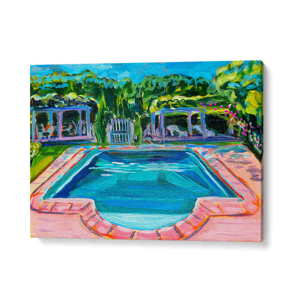 POOL AT THE CHÂTEAU , LANDSCAPE PAINTINGS — sunlit chateau pool with reflective water, vivid colors, GalleryWrap