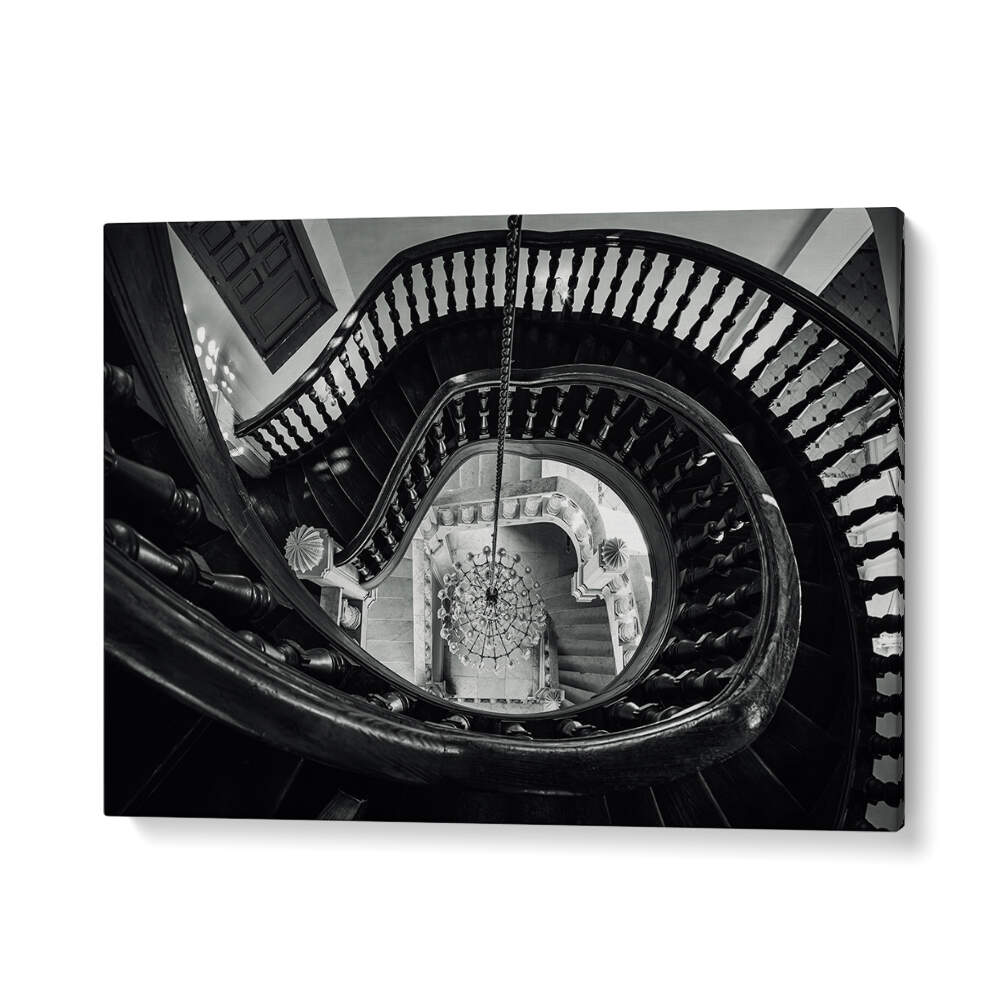 CHANDELIER AND STAIRS B&W , PHOTOGRAPHY PRINTS