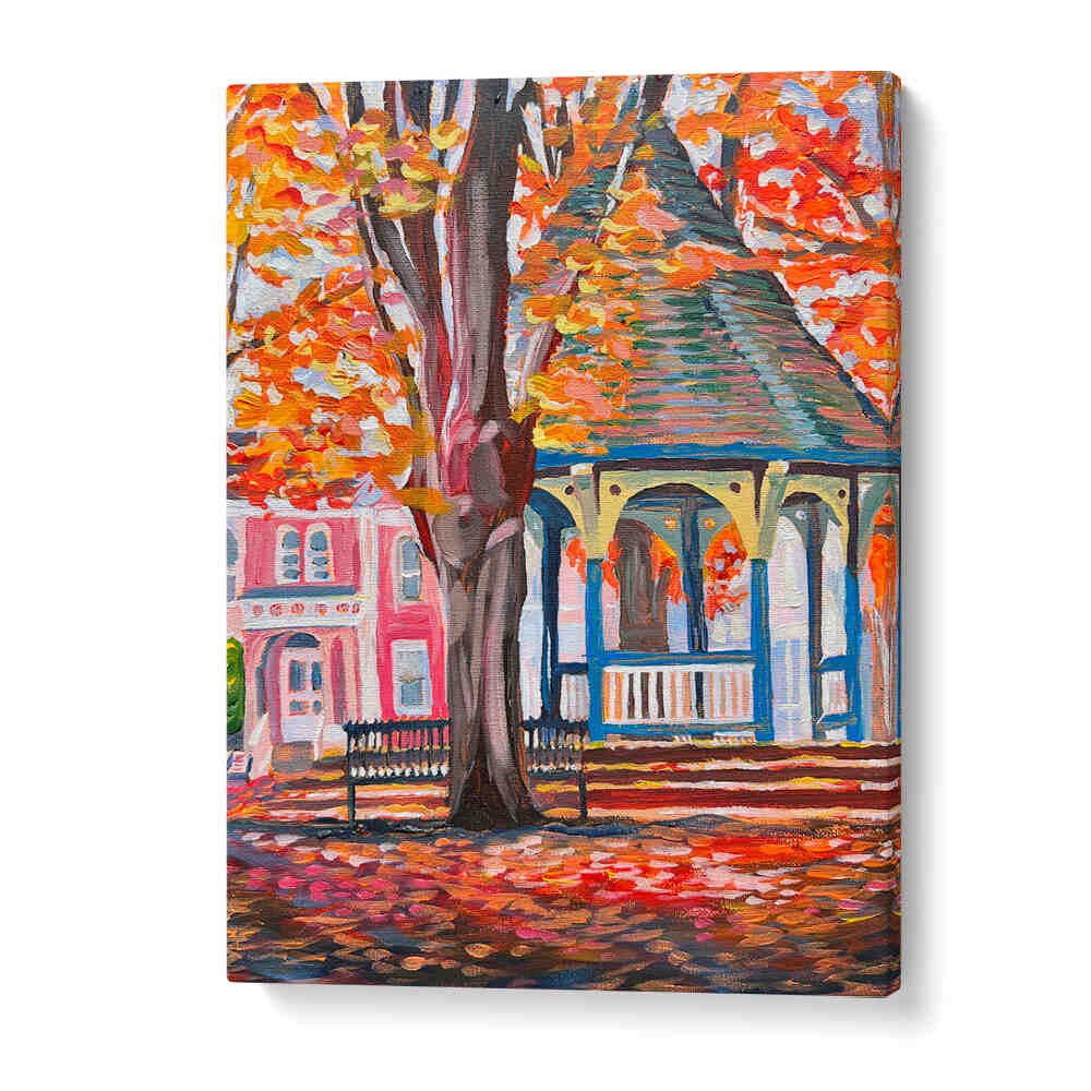 CORN HILL , LANDSCAPE PAINTINGS showcasing autumn gazebo, bench and Victorian house framed by vibrant orange trees.