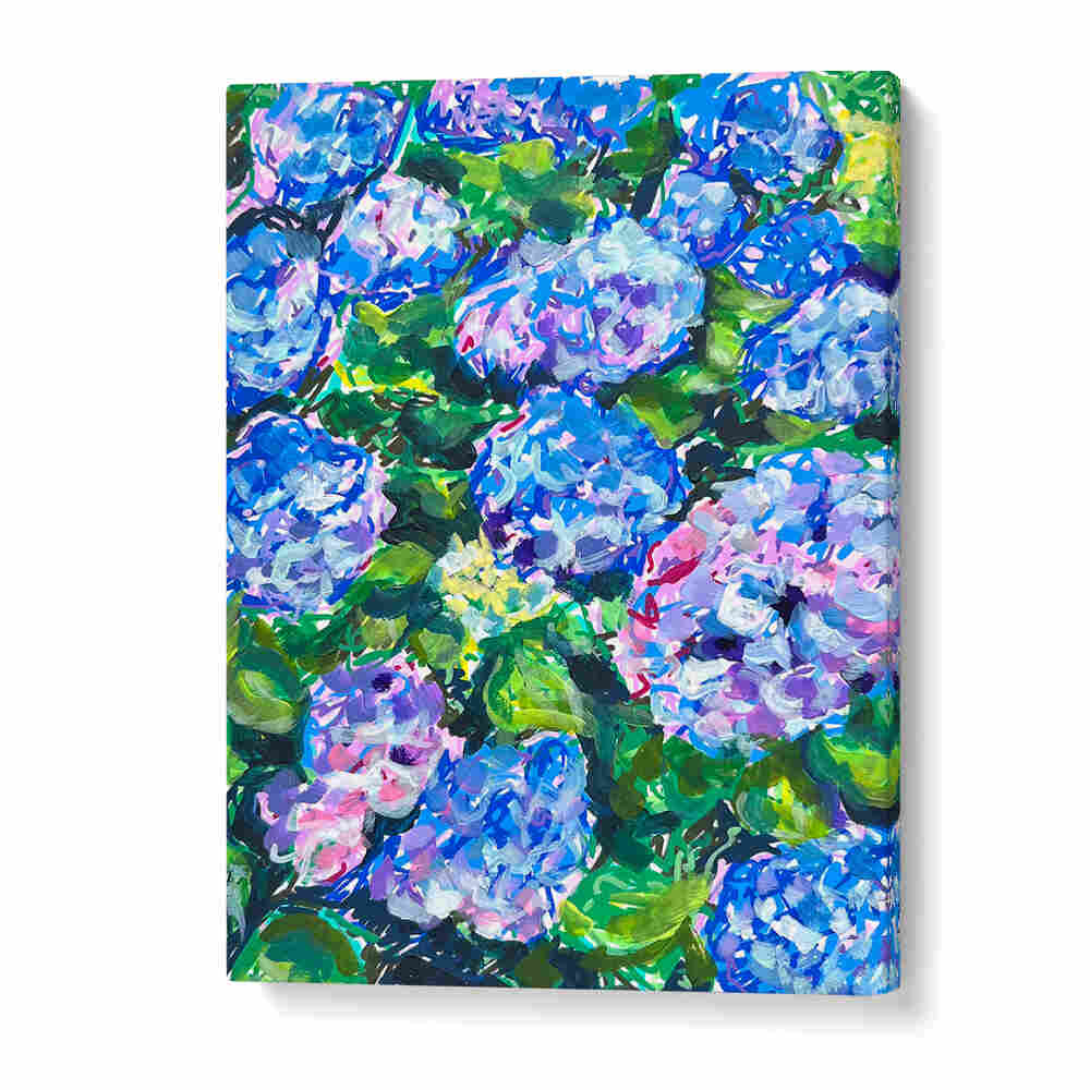 HYDRANGEAS , FLORAL FLOWER PAINTINGS canvas with luminous blue and pink hydrangea clusters in textured brushstrokes