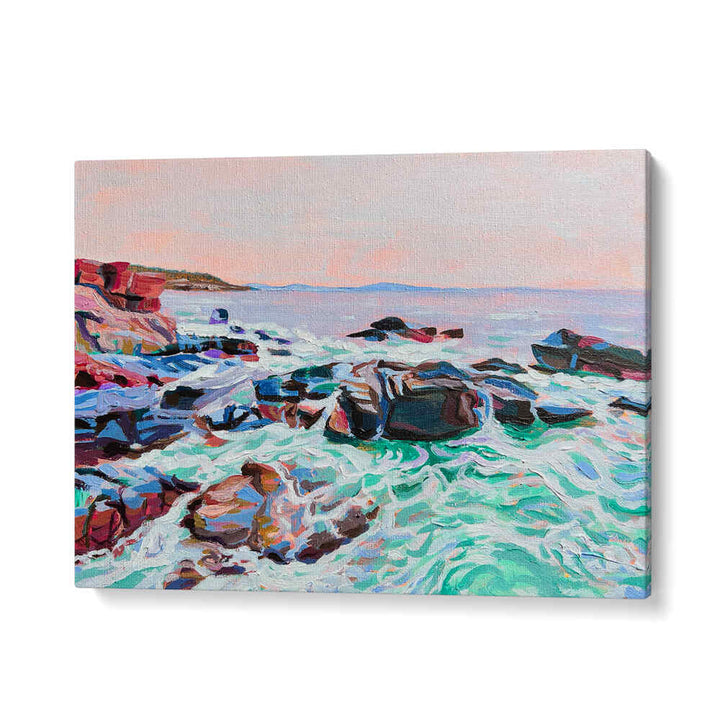 THUNDER HOLE , BEACH PAINTINGS gallery canvas of rocky coastline with crashing waves and pastel sky, Coastal Gallery
