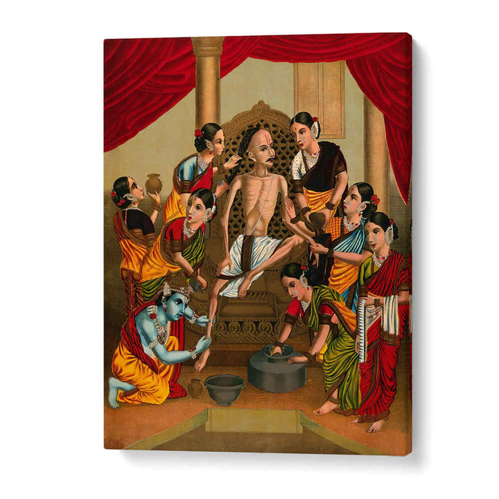 A HINDU ASCETIC IS BATHED AND HONOURED BY A SEVEN WOMEN AND KRISHNA. CHROMOLIT , INDIAN ART PAINTINGS