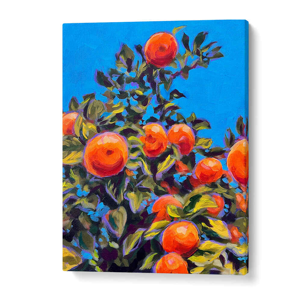 SEVILLE ORANGES , KITCHEN POSTERS vivid painted oranges on leafy branches against a bright blue background