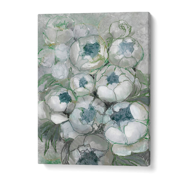 NURIA BOUQUET OF PEONIES IN TEAL AND GREEN , FLORAL FLOWER PAINTINGS