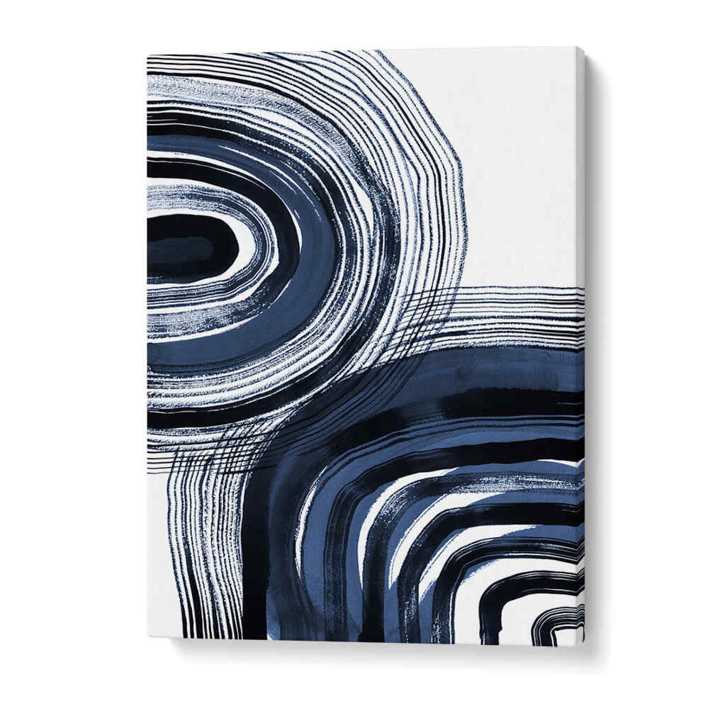 Rich concentric blue and black brushstrokes create stunning depth in this abstract painting, perfect for any elegant space.