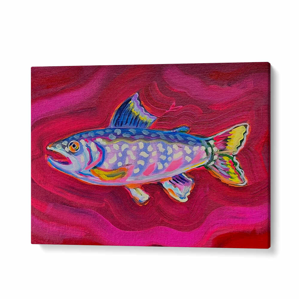 TROUT , KITCHEN POSTERS colorful painted trout on red textured canvas for coastal kitchen decor