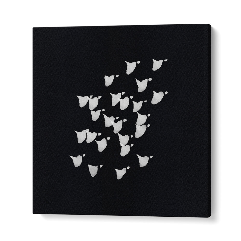 BIRDS IN FLIGHT UPWARDS BW, ABSTRACT PAINTINGS showcase white birds ascending against a black background, adding elegance.
