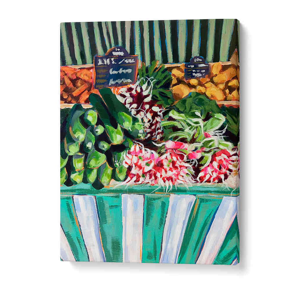 RAVISHING RADISHES , KITCHEN POSTERS vibrant illustrated radishes on a market stall with striped cloth for farmhouse kitchens