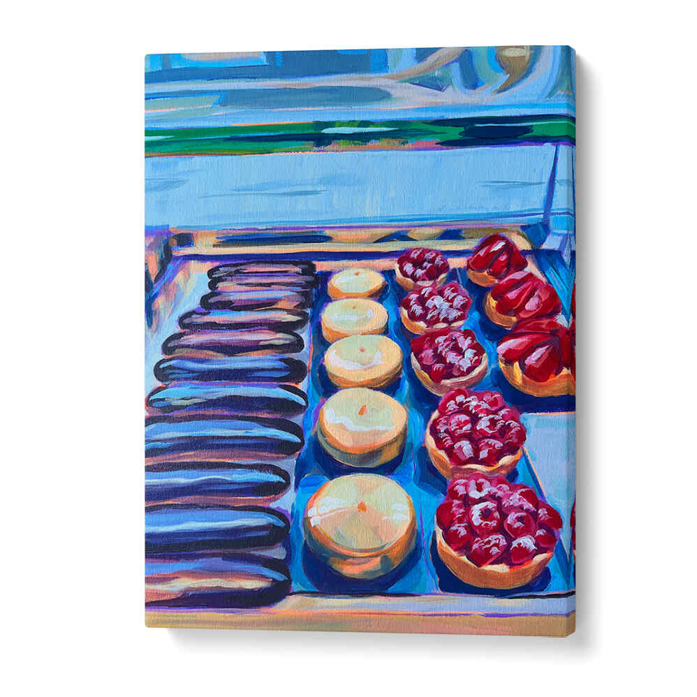 PÂTISSERIE , KITCHEN POSTERS showing colorful French bakery canvas with éclairs, cream tarts and raspberry pastries