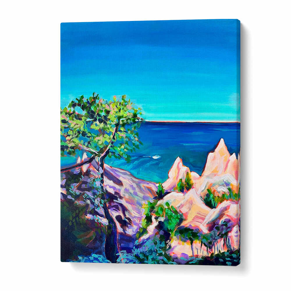 CHIMNEY BLUFFS , LANDSCAPE PAINTINGS canvas showing textured cliffs, windswept tree and vivid blue sea with a bright horizon