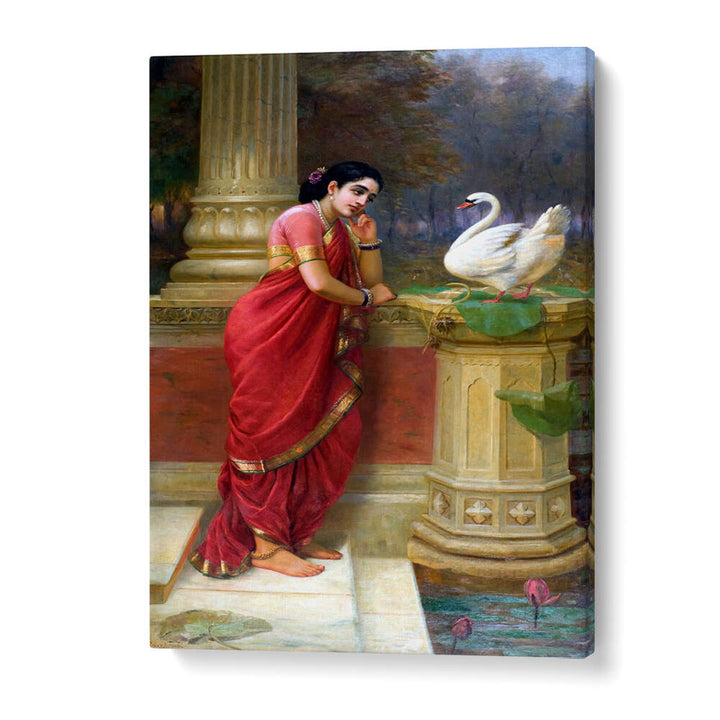 RAVI VARMA PRINCESS DAMAYANTHI TALKING WITH ROYAL SWAN ABOUT NALA , INDIAN ART PAINTINGS