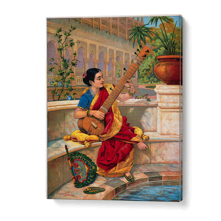 A SEATED INDIAN WOMAN PLAYS A SITAR NEXT TO A GARDEN POND , INDIAN ART PAINTINGS