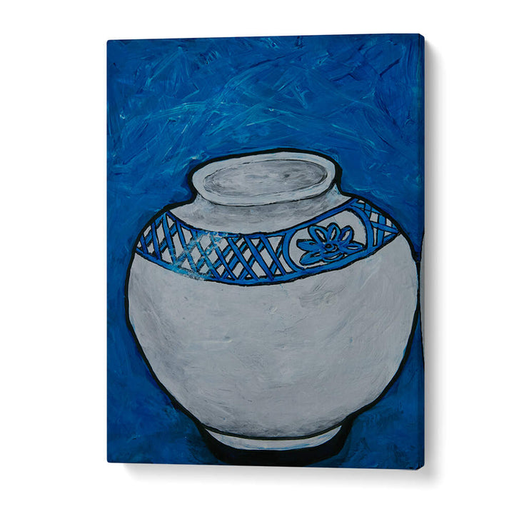 Enhance your kitchen with the WHITE VASE WITH BLUE, KITCHEN POSTERS, featuring a striking blue background and elegant design.