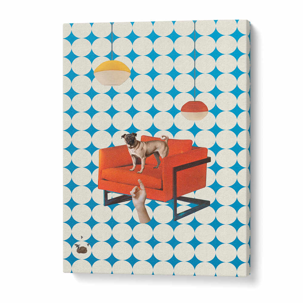 Vibrant surreal art print featuring a pug on a red chair, titled IT WAS YOU, SURREAL ART PRINTS. Perfect for any space.
