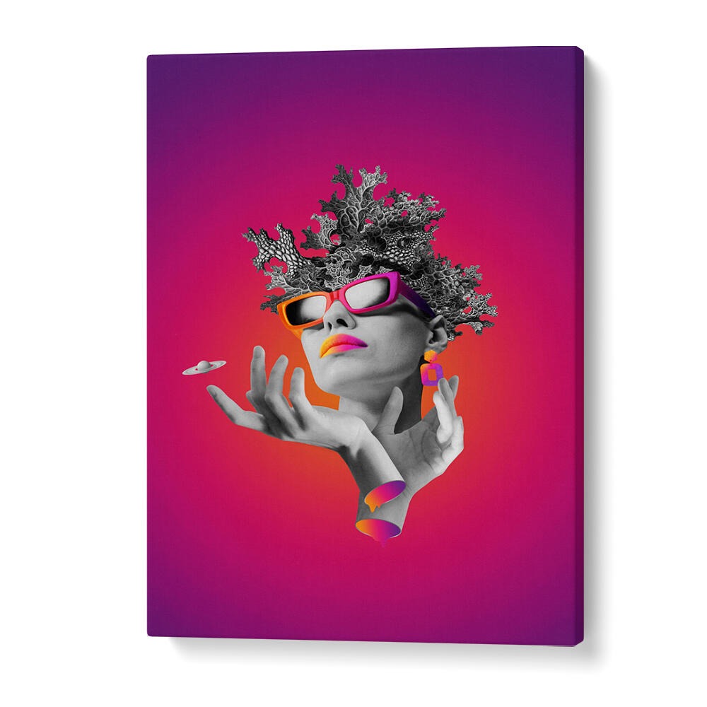 Surreal art print featuring a stylish lady with vibrant colors in “LADY ON PINK, SURREAL ART PRINTS.”
