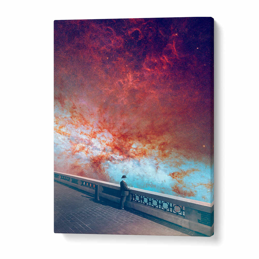 Surreal art print "MY-SPACE," featuring a man gazing at a cosmic sky, perfect for unique home decor.