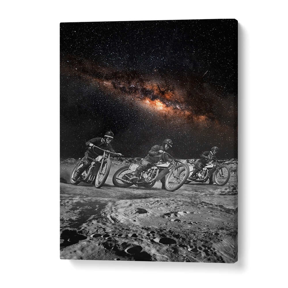 Surreal depiction of riders on motorcycles in a cosmic landscape, featuring RIDERS, SURREAL ART PRINTS from our collection.