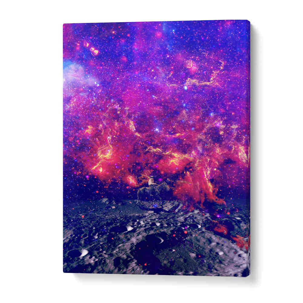 Vibrant SPACE COWBOY, SURREAL ART PRINTS showcasing a cosmic scene with a rider on a moonlit terrain.