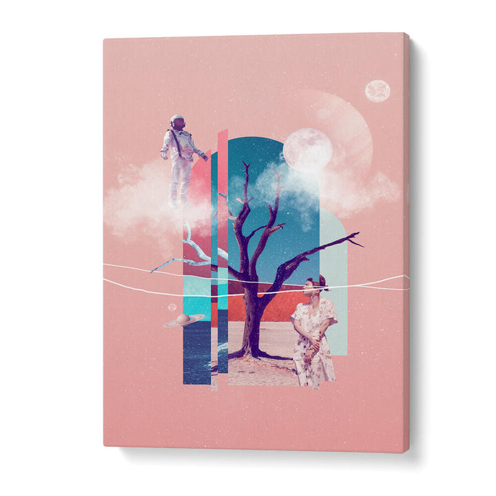 Explore SPACE LOVE, SURREAL ART PRINTS featuring a whimsical cosmic scene with an astronaut and serene landscapes.