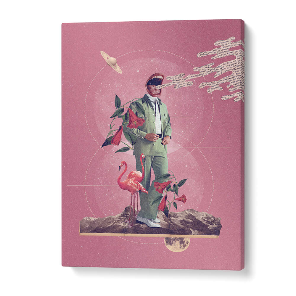 Surreal art print "TALK TO ME" features a man amidst vibrant flora and flamingos, perfect for unique decor.