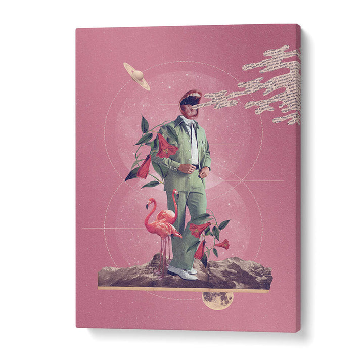 Surreal art print "TALK TO ME" features a man amidst vibrant flora and flamingos, perfect for unique decor.