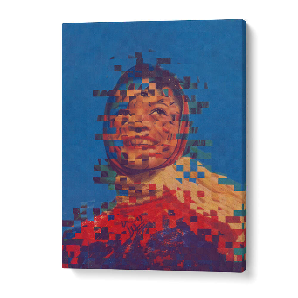 Vibrant surreal art print titled THE ONE, SURREAL ART PRINTS showcasing a pixelated portrait with a blue background.