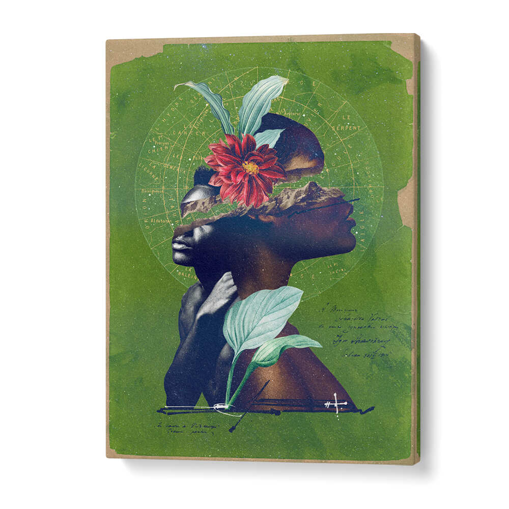 Surreal art print "THE ROOTS" features vibrant floral and human elements, perfect for unique wall decor.