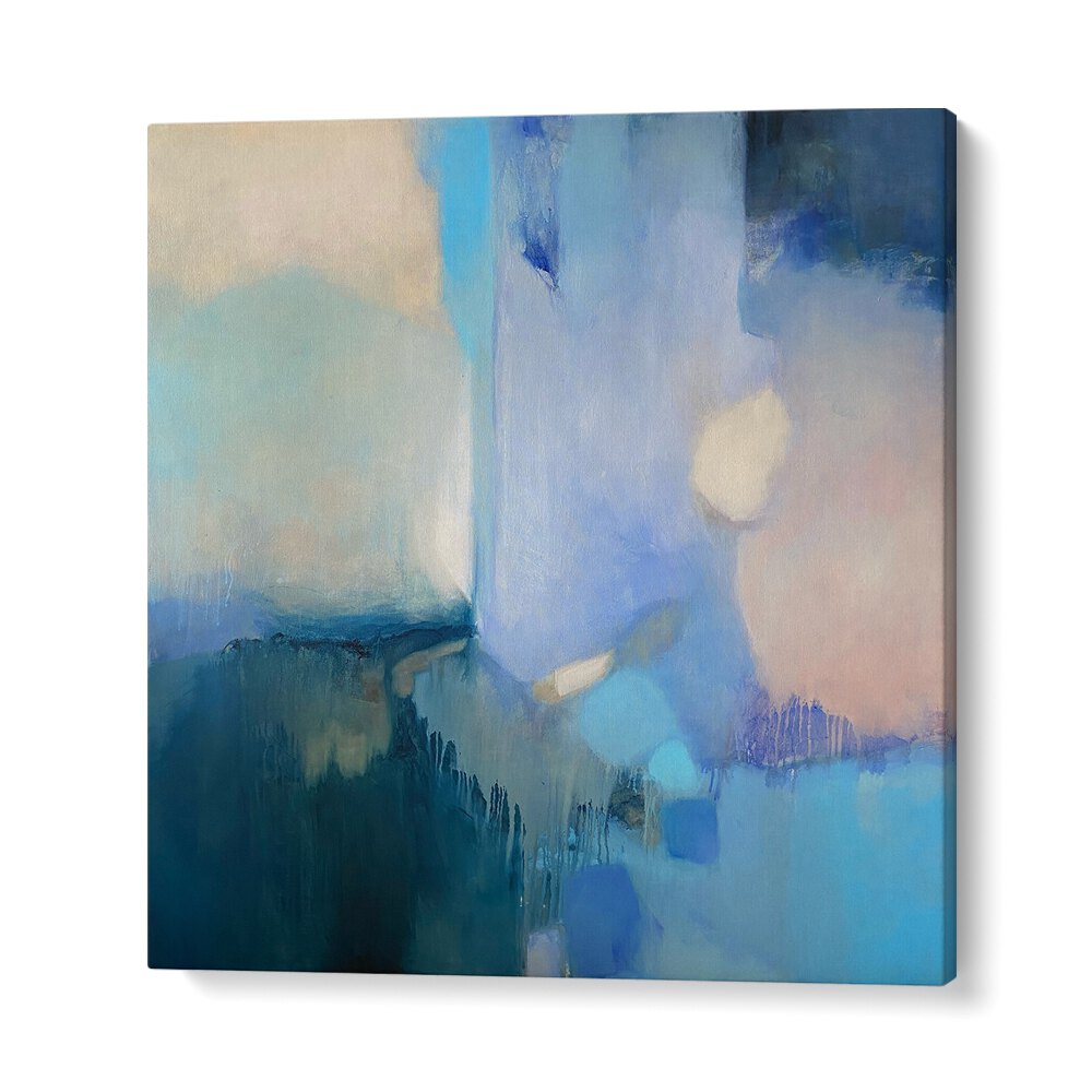 Elevate your space with FROZEN HAZE, ABSTRACT PAINTINGS featuring soothing shades of blue and serene textures.