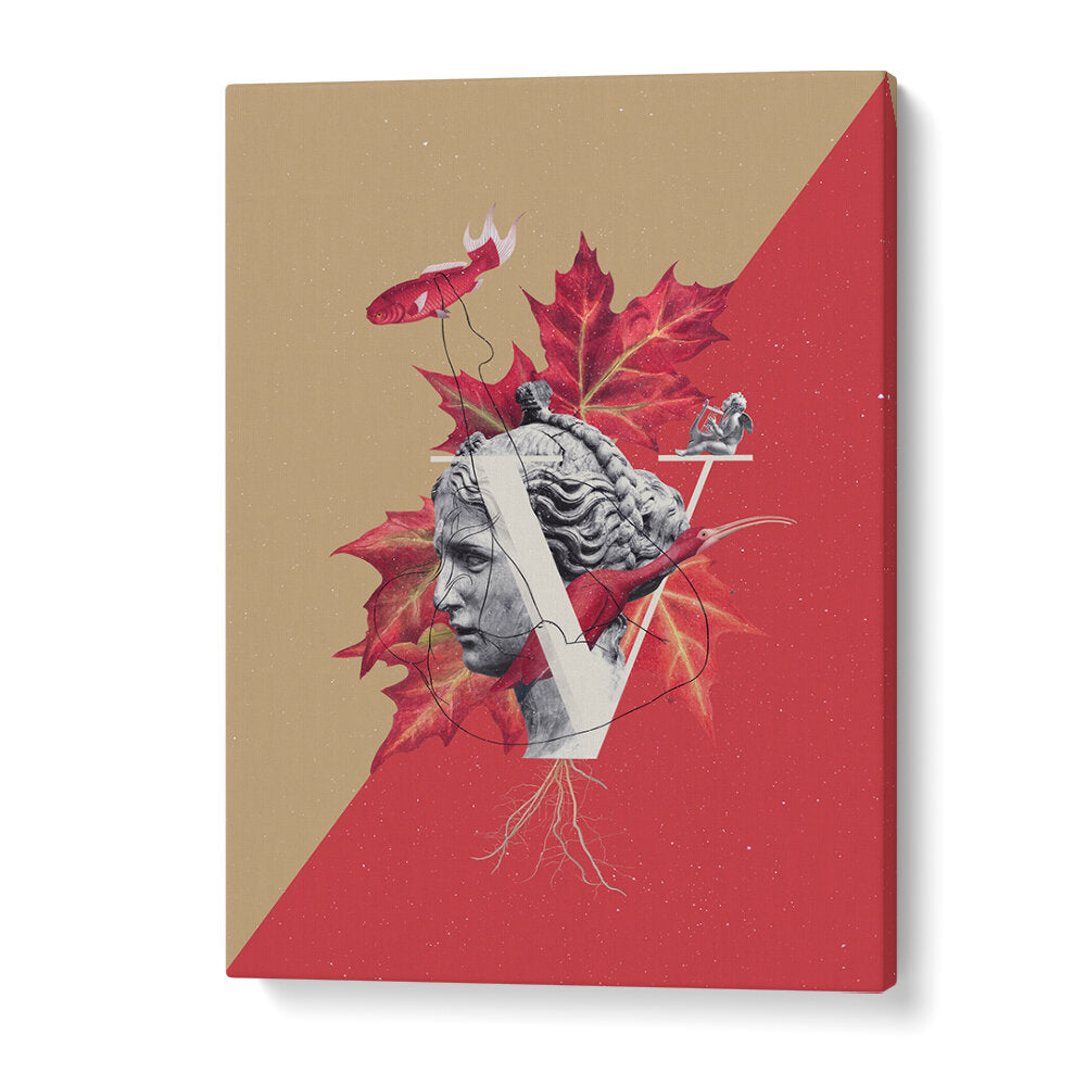 Surreal art print featuring a classical bust with vibrant leaves and elements, titled VENUS, SURREAL ART PRINTS.