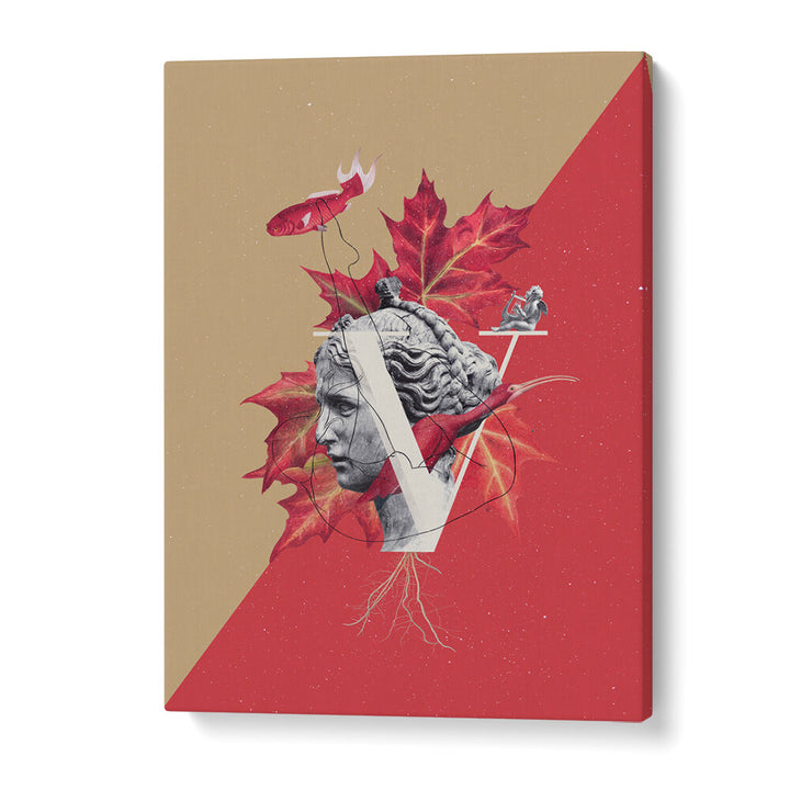 Surreal art print featuring a classical bust with vibrant leaves and elements, titled VENUS, SURREAL ART PRINTS.