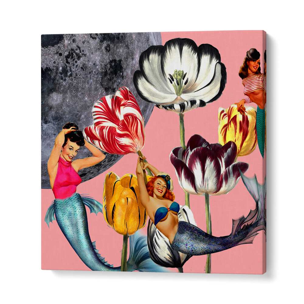 Whimsical MERMAID ON THE MOON, PORTRAITS art featuring vibrant flowers and playful mermaids, perfect for any decor.