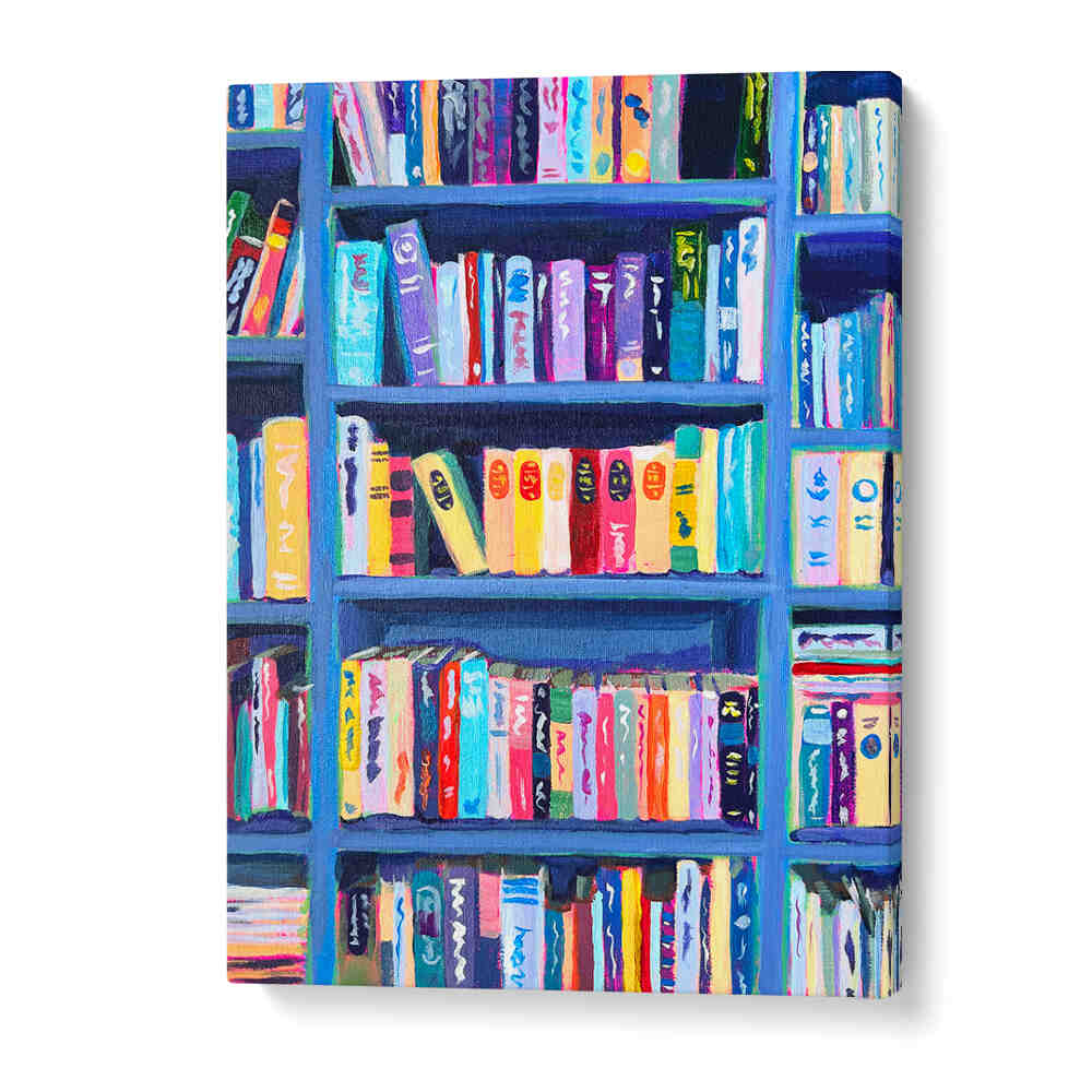 Colorful painted bookshelf with couture posters — BOOKSHELF AT THE CHÂTEAU , FASHION POSTERS by Imagy