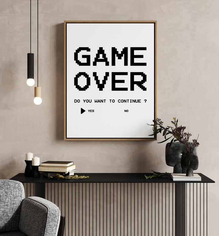 Game Over Continue Gaming Art Painting Artwork in oakwood floater frame above black table on a beige colour wall