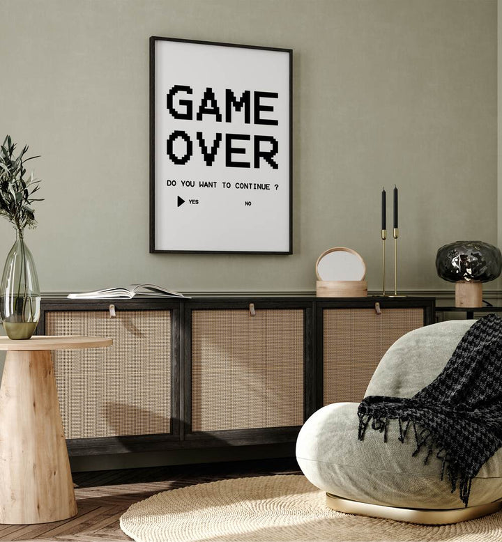 Game Over Continue Gaming Art Painting Artwork plain black frame above a console table on green colour wall