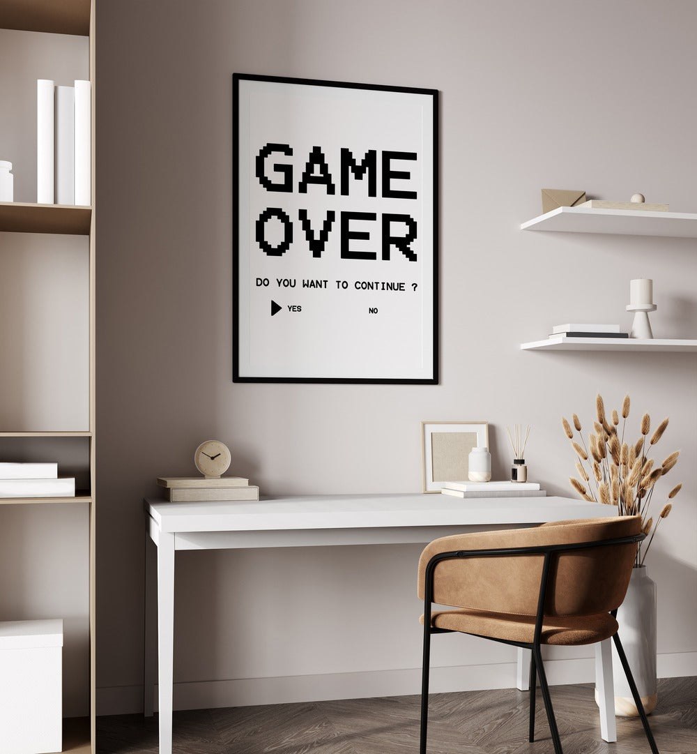 Game Over Continue Gaming Art Painting Artwork in plain black frame above a white table for study room